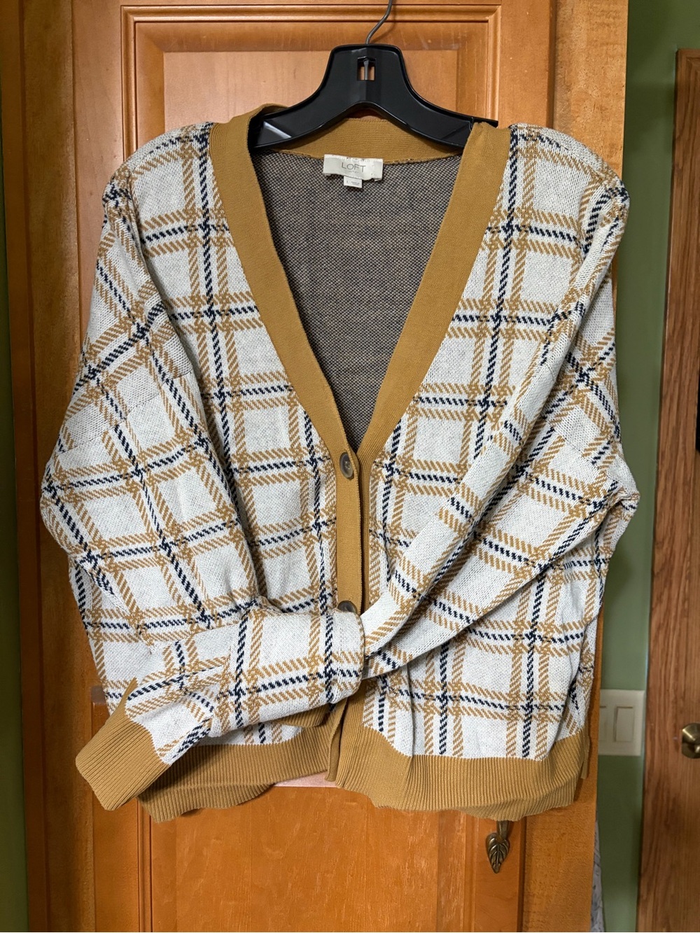 LOFT Mustard and Ivory Plaid Button Cardigan
